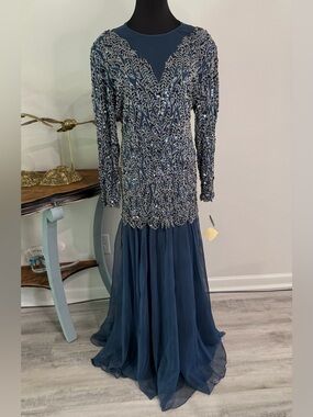 Victoria Royal Ltd. Size 14 V-neck Beaded Peacock 80’s Gown Glamour Dress Teal